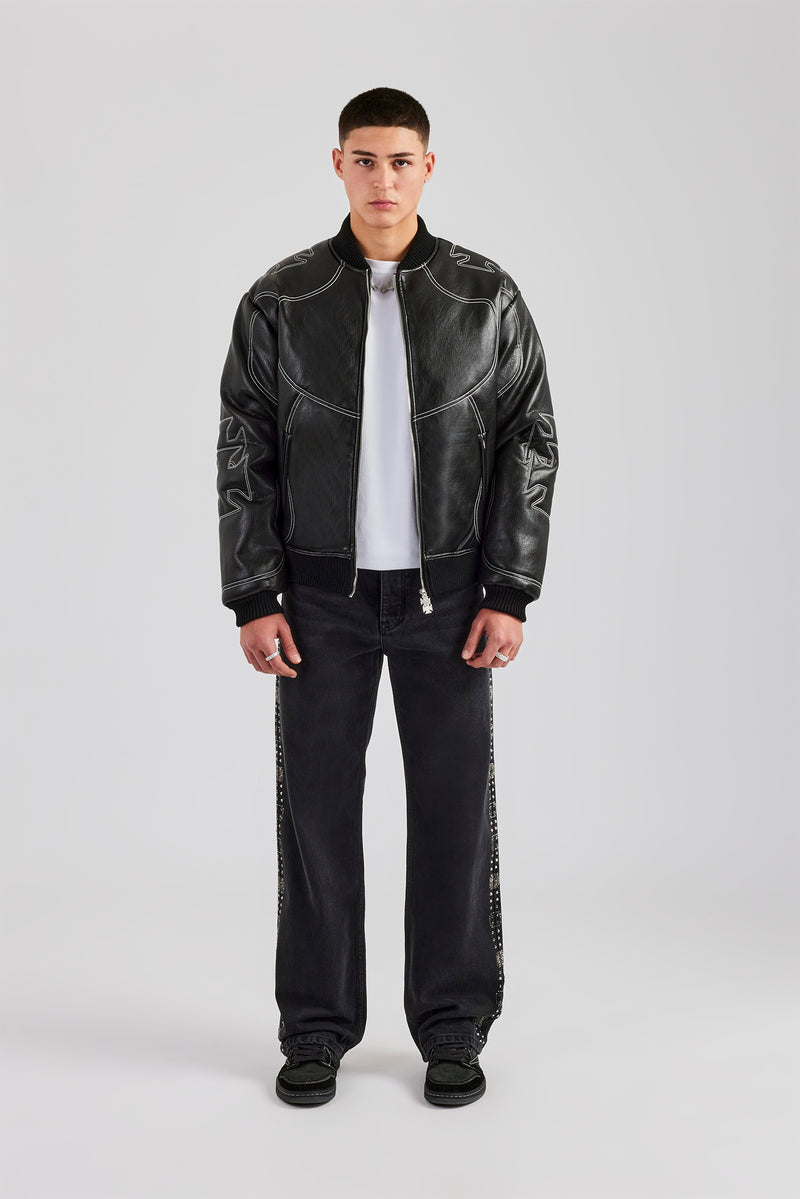 Contrast Stitch PU Bomber Jacket