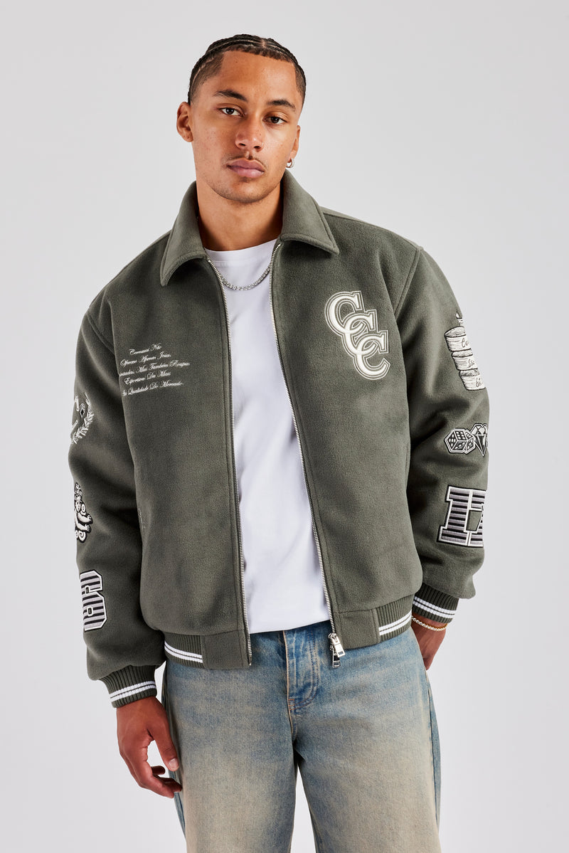 Oversized Applique Harrington Jacket - Grey