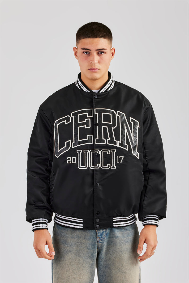 Oversized 17 Nylon Applique Bomber Jacket - Black