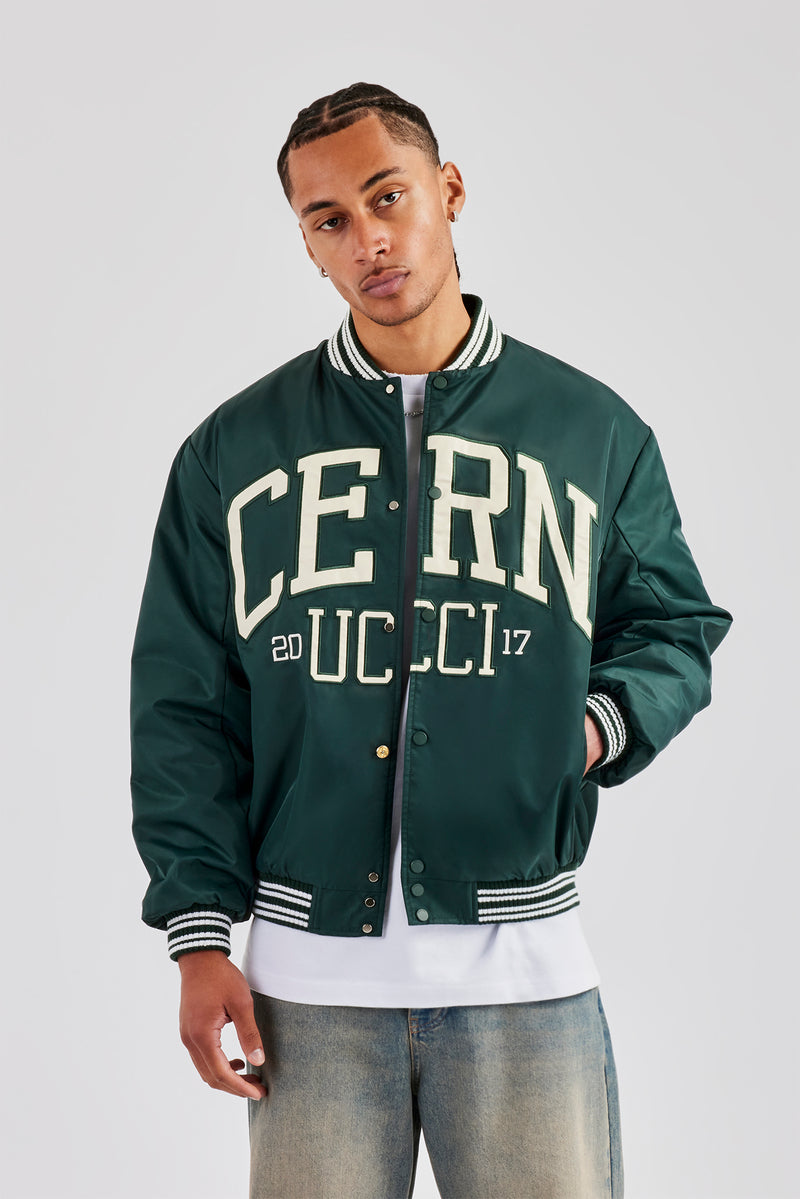 Oversized 17 Nylon Applique Bomber Jacket - Forest Green