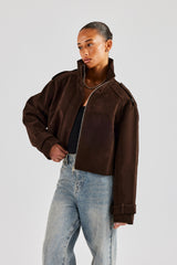 Ladies Faux Suede Cropped Trench Coat - Chocolate