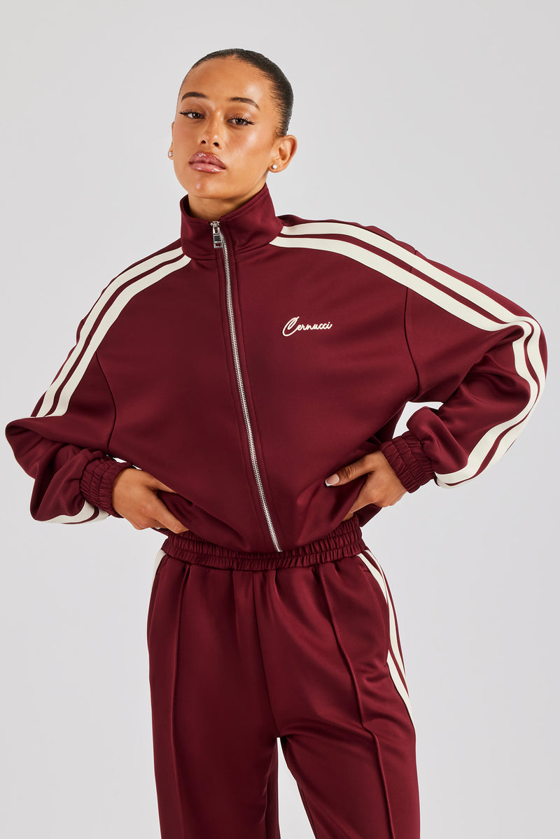 Funnel Neck Taping Zip Through Track Jacket - Burgundy