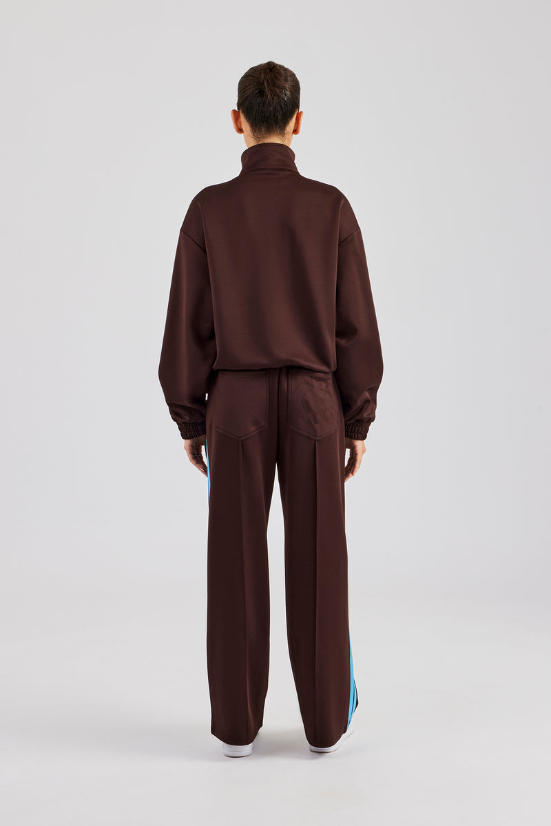 Funnel Neck Blue Taping Zip Through Tracksuit - Chocolate