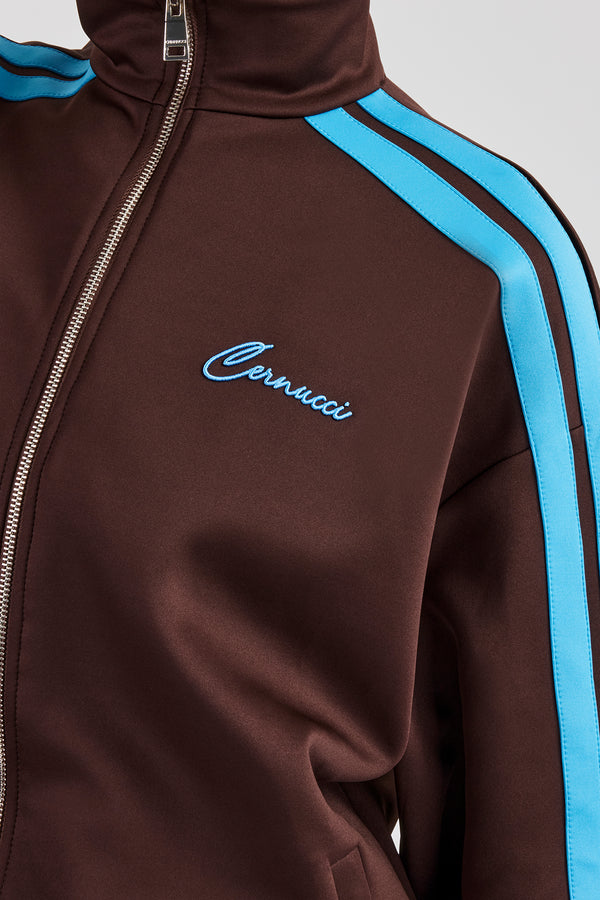 Funnel Neck Blue Taping Zip Through Track Jacket - Chocolate