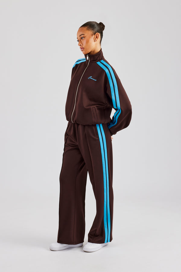 Funnel Neck Blue Taping Zip Through Tracksuit - Chocolate