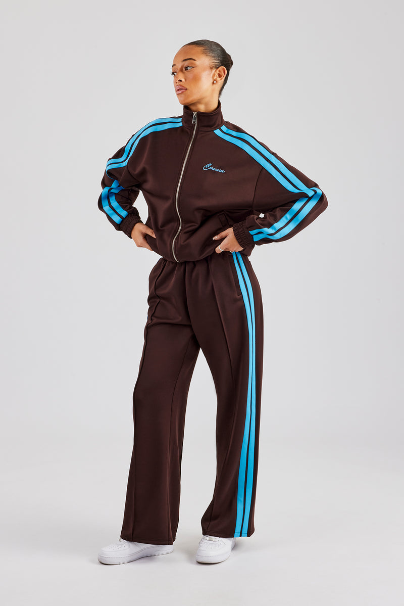 Funnel Neck Blue Taping Zip Through Tracksuit - Chocolate