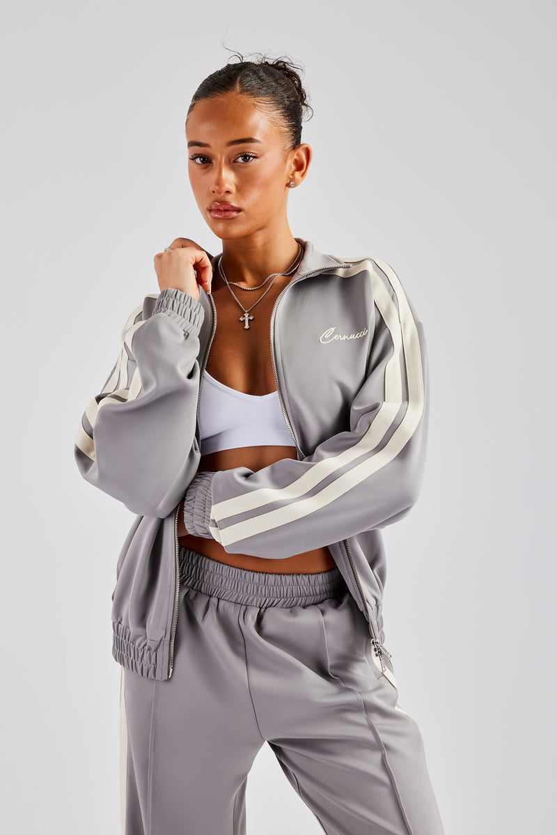 Funnel Neck Taping Zip Through Track Jacket - Grey