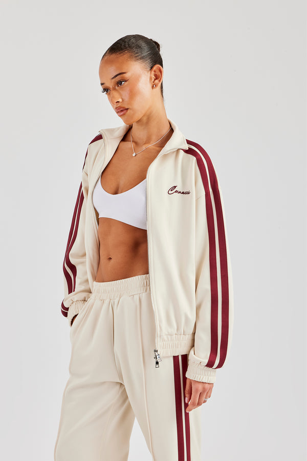 Funnel Neck Burgundy Taping Zip Through Track Jacket - Off White