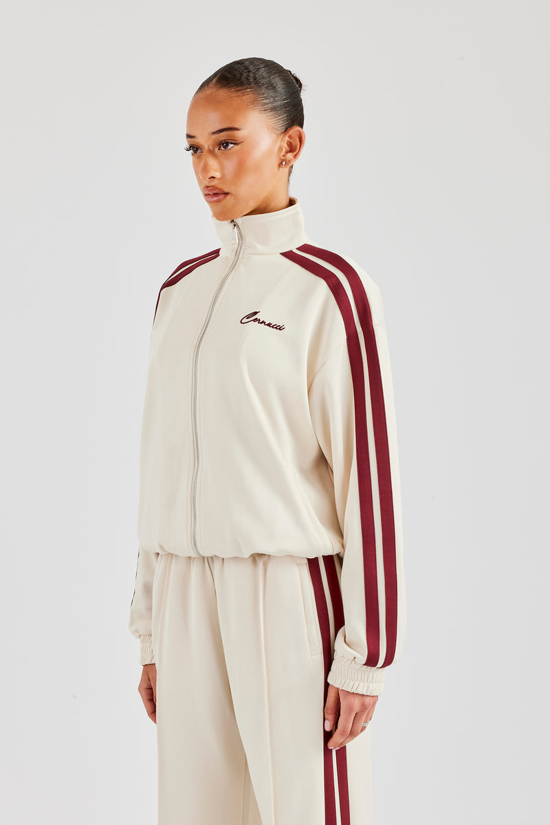 Funnel Neck Burgundy Taping Zip Through Track Jacket - Off White