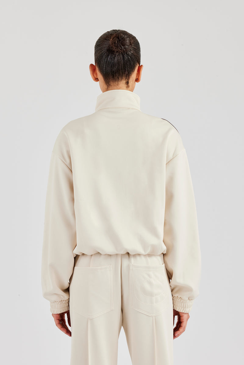 Funnel Neck Burgundy Taping Zip Through Track Jacket - Off White