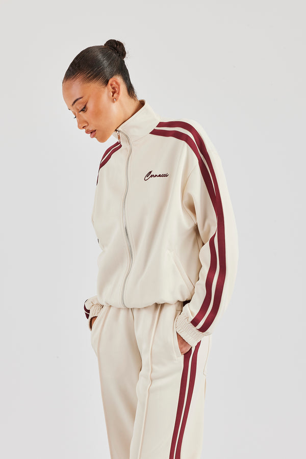 Funnel Neck Burgundy Taping Zip Through Track Jacket - Off White