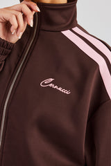 Funnel Neck Pink Taping Zip Through Track Jacket - Chocolate