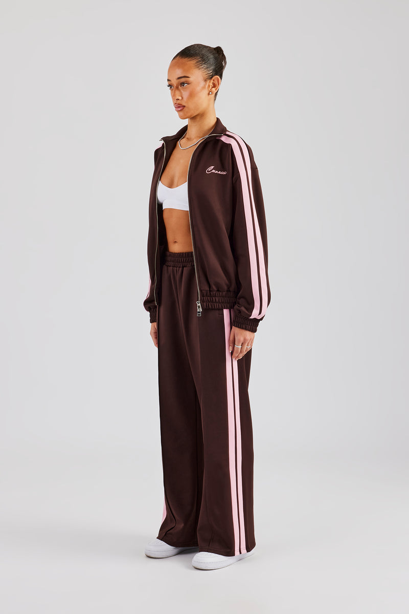 Funnel Neck Pink Taping Zip Through Tracksuit - Chocolate