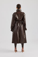 Ladies Faux Leather Trench Coat - Chocolate