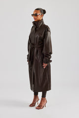 Ladies Faux Leather Trench Coat - Chocolate