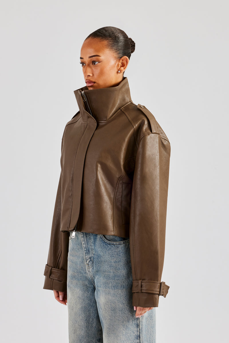 Ladies Cropped Faux Leather Trench Coat - Brown