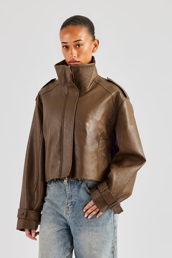 Ladies Cropped Faux Leather Trench Coat - Brown