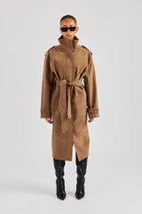 Ladies Faux Suede Trench Coat - Tan