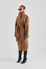 Ladies Faux Suede Trench Coat - Tan