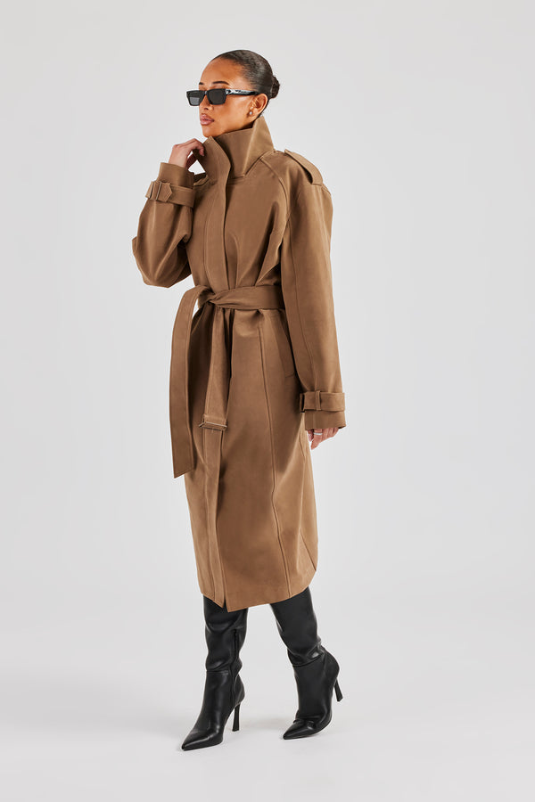 Ladies Faux Suede Trench Coat - Tan