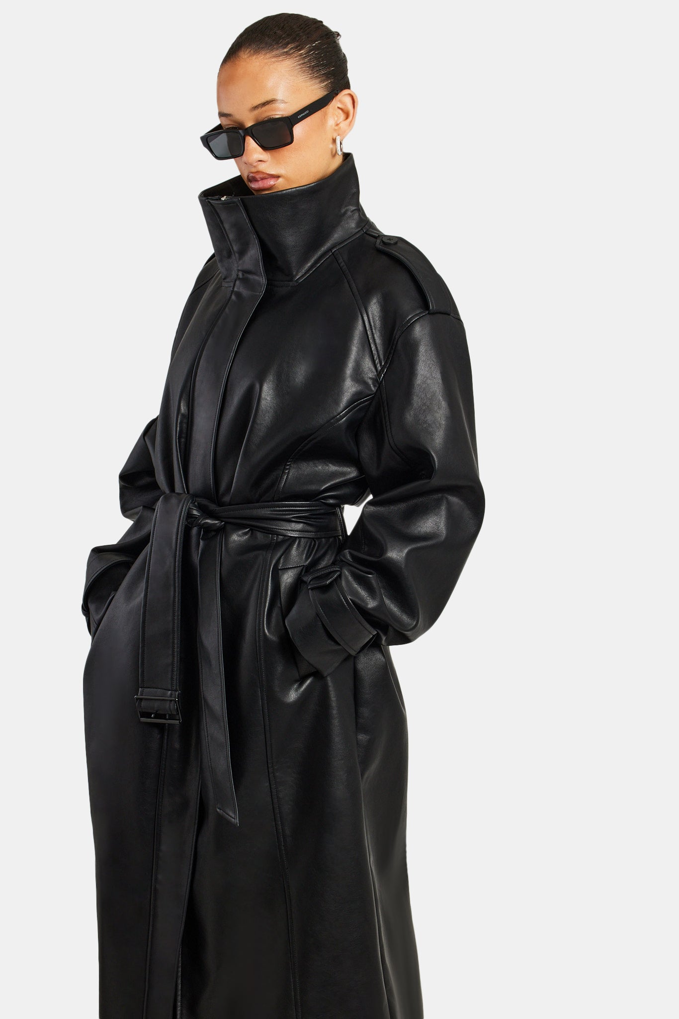 Ladies Faux Leather Trench Coat Black