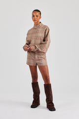 Oversized Check Collarless Jacket & Short - Brown