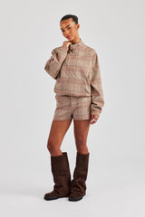 Oversized Check Collarless Jacket & Short - Brown