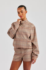 Oversized Check Collarless Jacket & Short - Brown