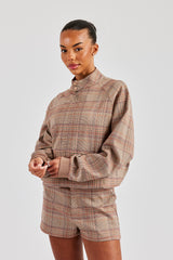 Check Collarless Jacket - Brown