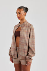 Oversized Check Collarless Jacket & Short - Brown