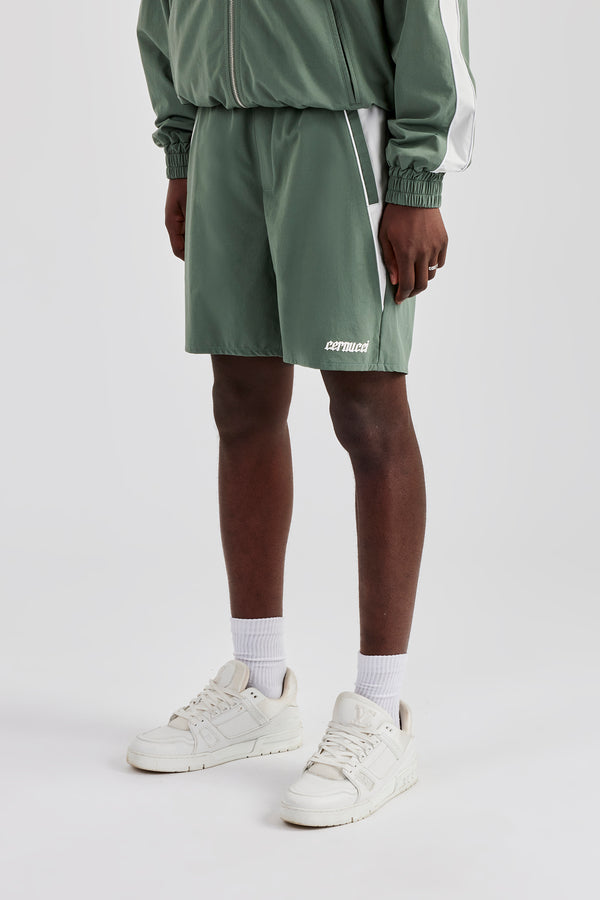 Nylon Panelled Relaxed Track Short - Green