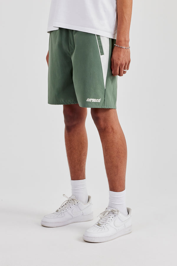 Nylon Panelled Relaxed Track Short - Green