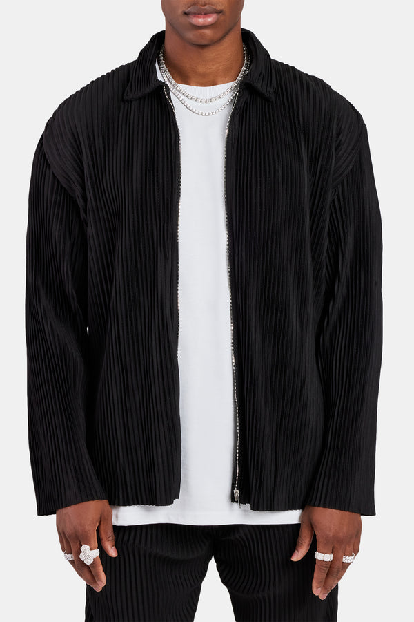 Pleated Collared Jacket  - Black