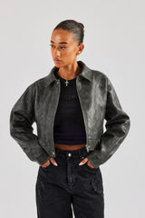 Washed Oversized PU Jacket - Charcoal