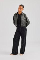 Washed Oversized PU Jacket - Charcoal