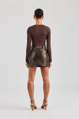 Washed PU Mini Skirt - Brown