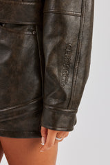 Washed Oversized PU Jacket & Mini Skirt - Brown