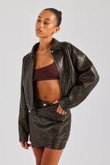 Washed Oversized PU Jacket - Brown