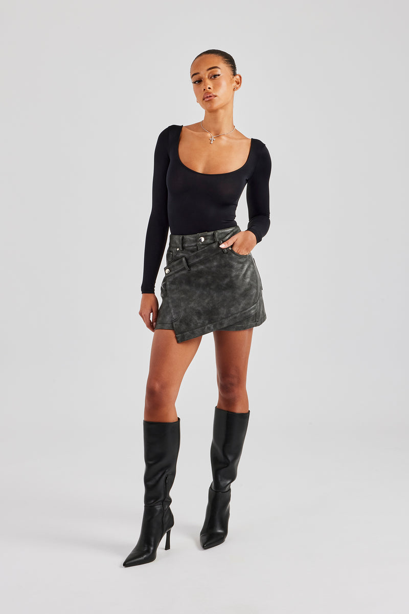 Washed PU Mini Skirt - Charcoal