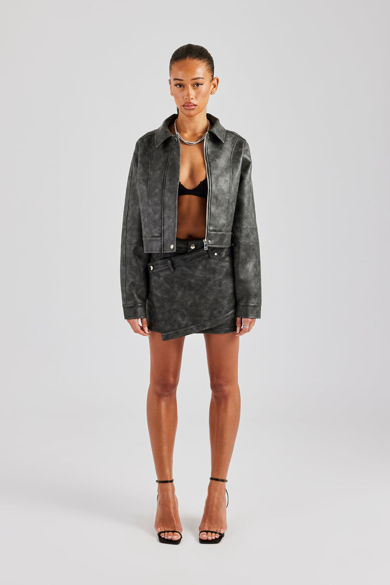 Washed Oversized PU Jacket & Mini Skirt - Charcoal