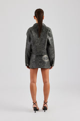 Washed Oversized PU Jacket & Mini Skirt - Charcoal