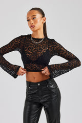 Rhinestone Long Sleeve Lace Top - Black