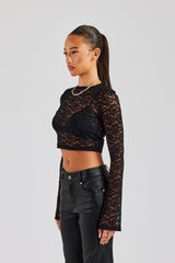 Rhinestone Long Sleeve Lace Top - Black