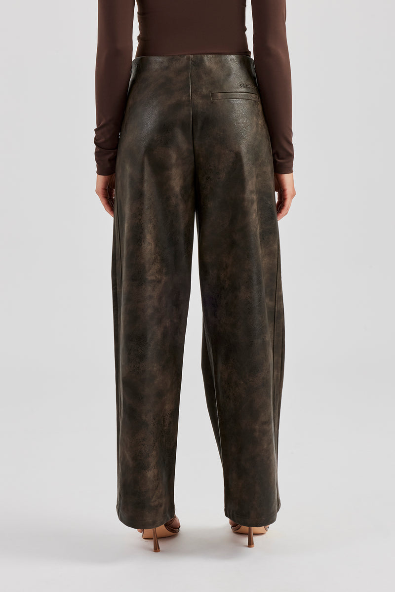 Washed PU Lace Up Detail Trouser - Brown