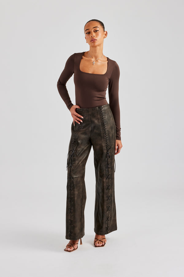 Washed PU Lace Up Detail Trouser - Brown