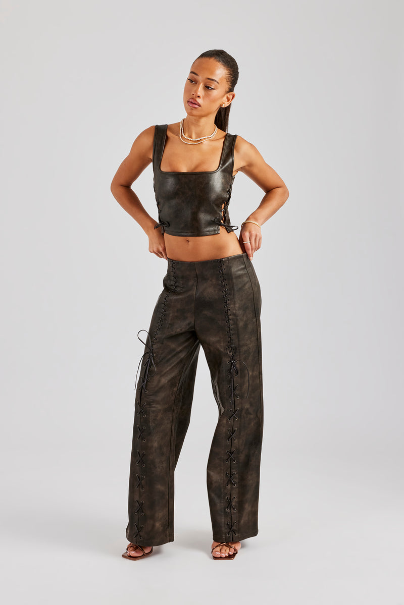 Washed PU Lace Up Detail Trouser - Brown