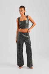 Washed PU Square Neck Top & Lace Up Trouser - Charcoal