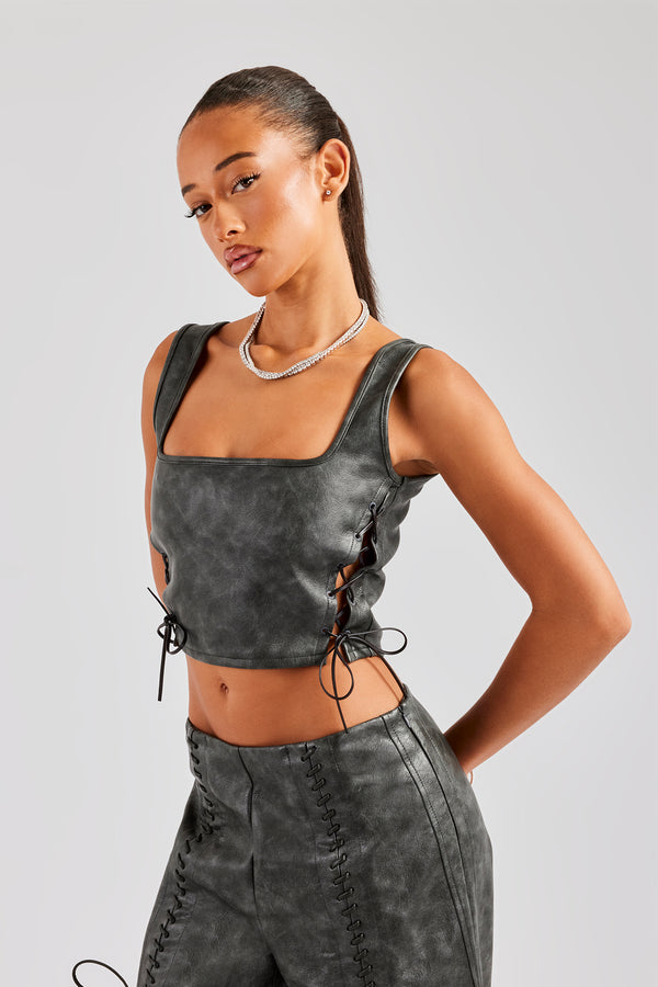 Washed PU Square Neck Top - Charcoal