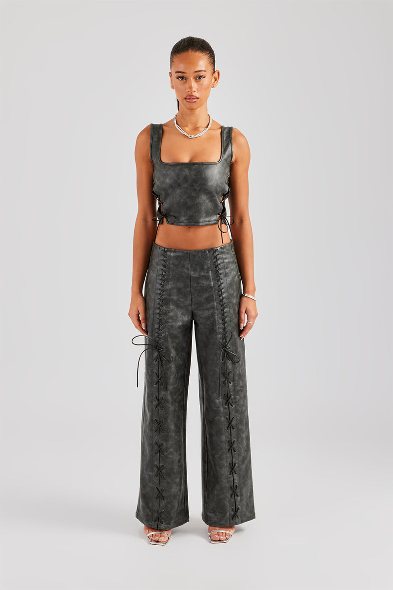 Washed PU Square Neck Top & Lace Up Trouser - Charcoal