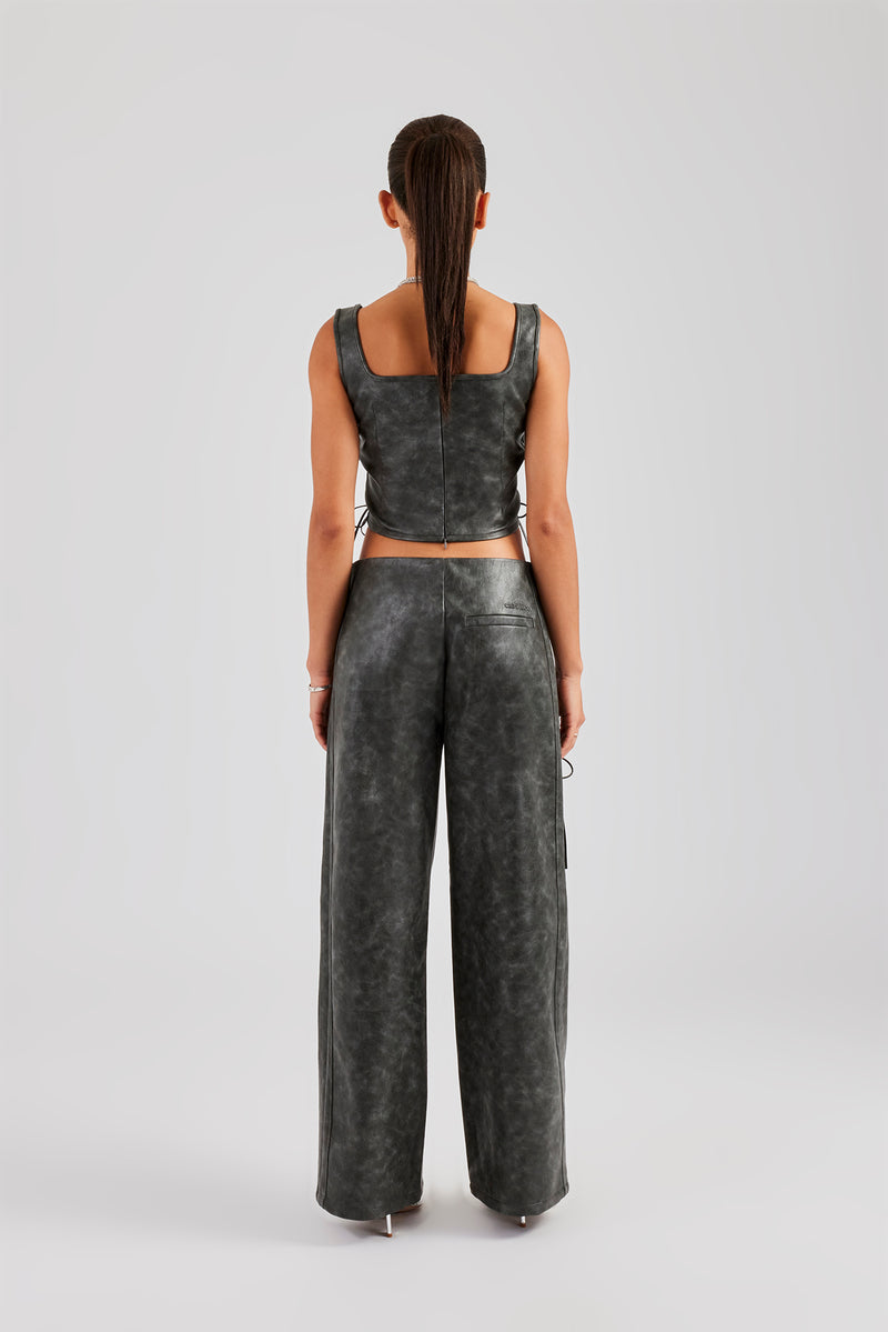 Washed PU Square Neck Top & Lace Up Trouser - Charcoal